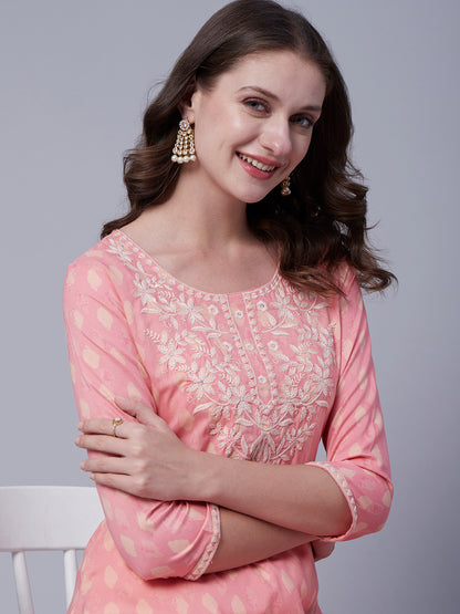 Abstract Printed Resham & Sequins Floral Embroidered Kurta - Peach Pink