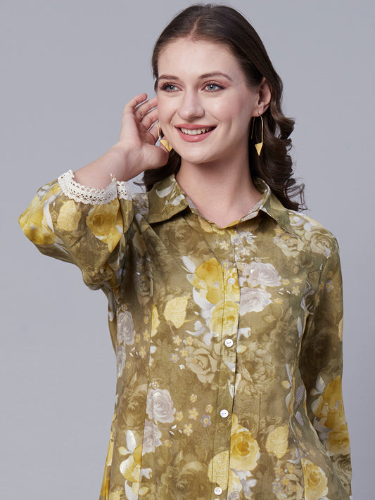 Abstract Floral Foil Printed A-Line Paneled Kurta with Pant - Olive