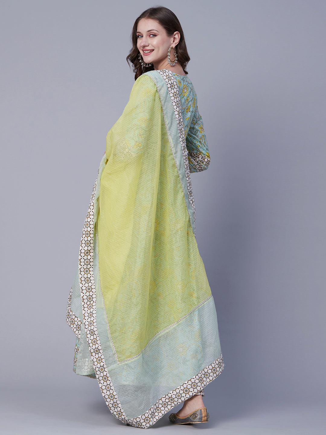 Floral Printed Resham Embroidered Gota Temple Lace Work Gathered Kurta With Pants & Dupatta - Pastel Green