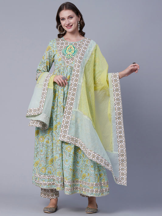 Floral Printed Resham Embroidered Gota Temple Lace Work Gathered Kurta With Pants & Dupatta - Pastel Green