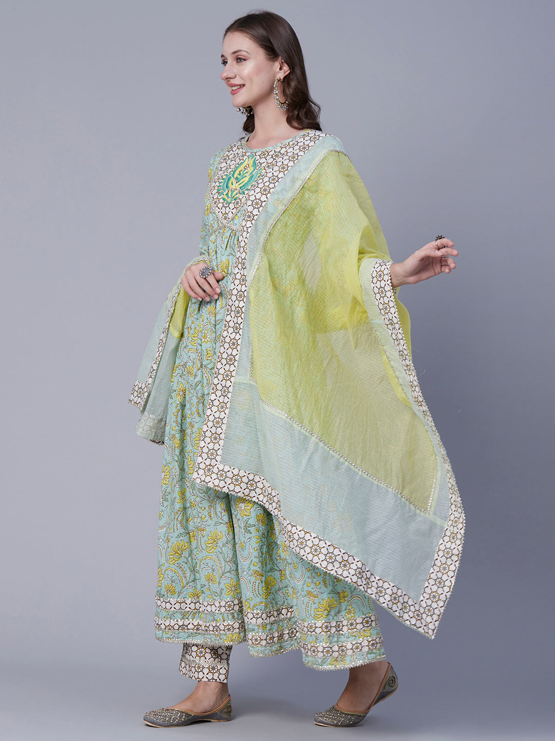 Floral Printed Resham Embroidered Gota Temple Lace Work Gathered Kurta With Pants & Dupatta - Pastel Green