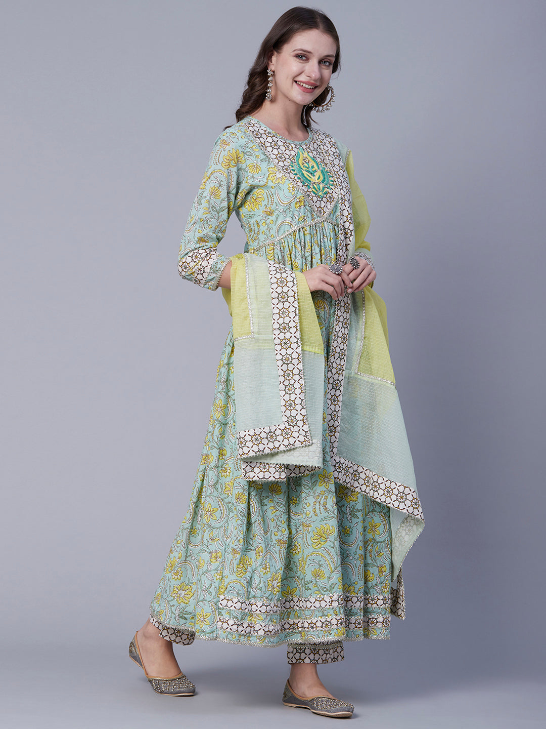 Floral Printed Resham Embroidered Gota Temple Lace Work Gathered Kurta With Pants & Dupatta - Pastel Green