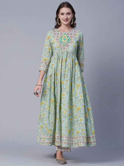 Floral Printed Resham Embroidered Gota Temple Lace Work Gathered Kurta With Pants & Dupatta - Pastel Green