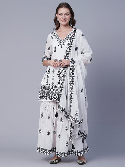 Solid Mirror & Resham Embroidered Short Mul-Cotton Kurta with Embroidered Sharara & Dupatta - White