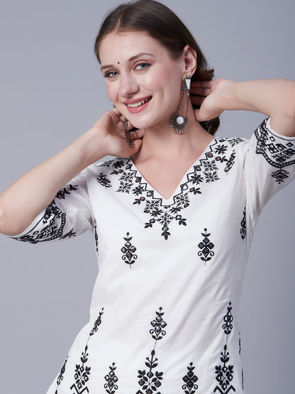 Solid Mirror & Resham Embroidered Short Mul-Cotton Kurta with Embroidered Sharara & Dupatta - White