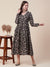 Ethnic Floral Printed A-Line Gathered Flared Dress - Black