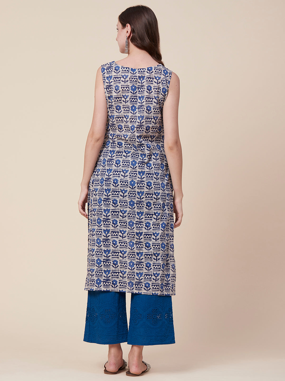 Ethnic Floral Printed Straight Fit Kurta - Blue