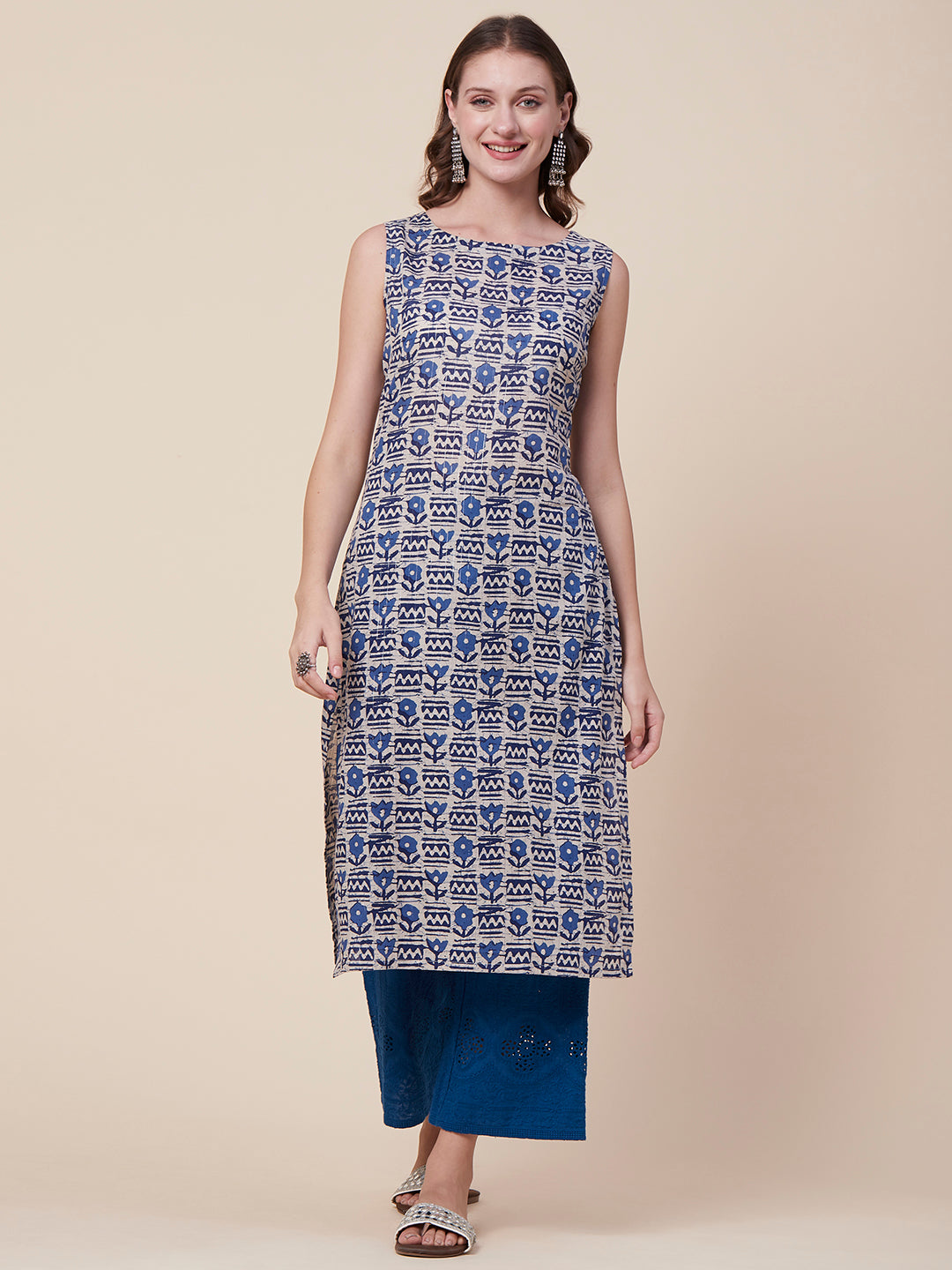 Ethnic Floral Printed Straight Fit Kurta - Blue