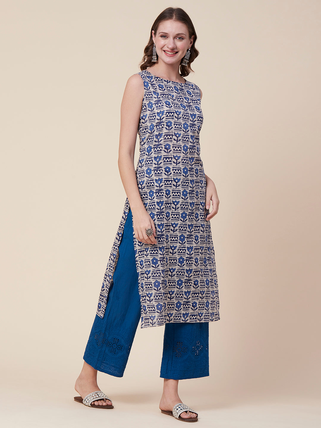 Ethnic Floral Printed Straight Fit Kurta - Blue