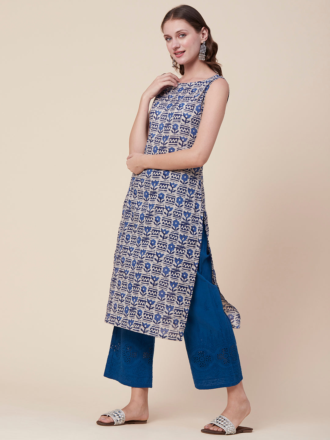 Ethnic Floral Printed Straight Fit Kurta - Blue