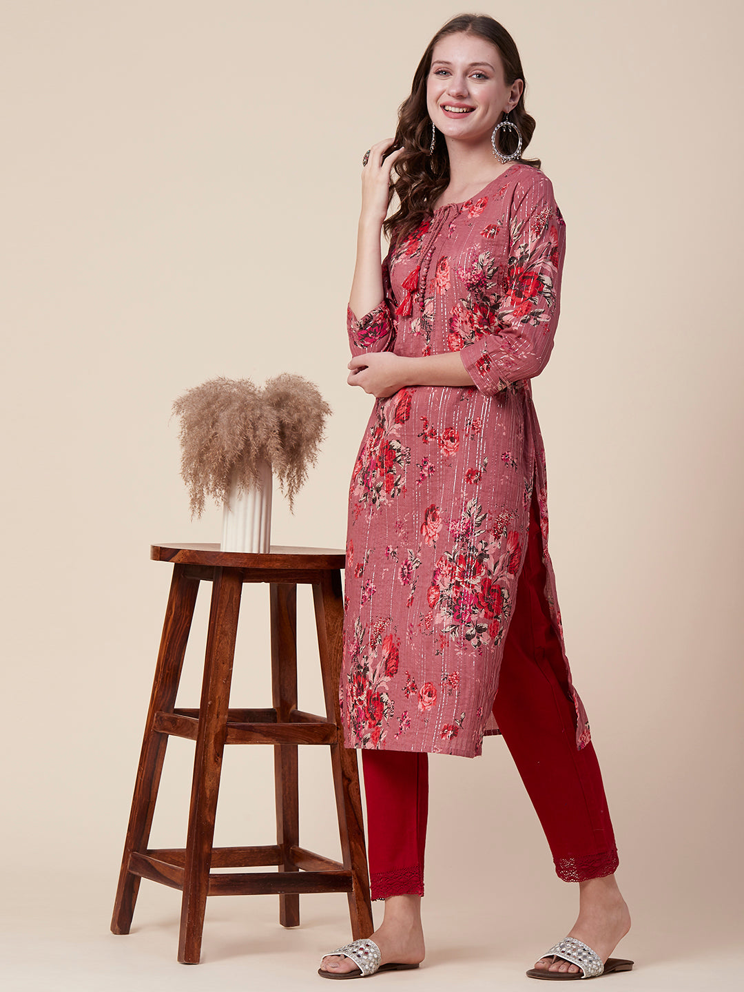 Floral Printed Woven Lurex Striped Pin-Tucks Kurta - Rose