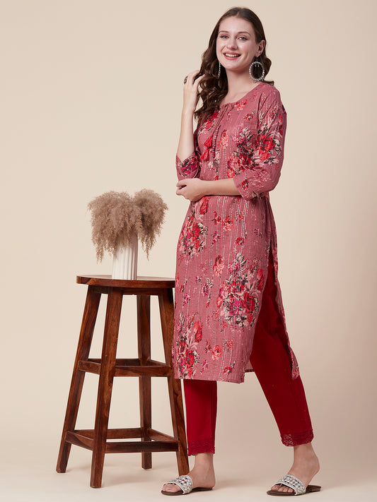 Floral Printed Woven Lurex Striped Pin-Tucks Kurta - Rose