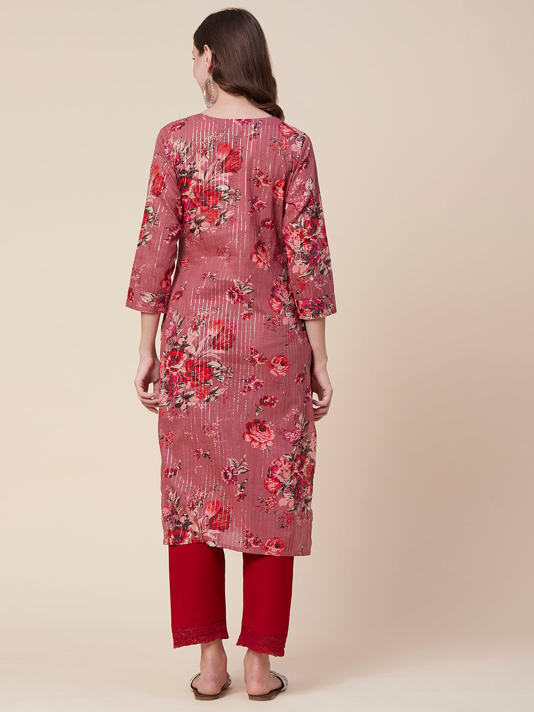 Floral Printed Woven Lurex Striped Pin-Tucks Kurta - Rose
