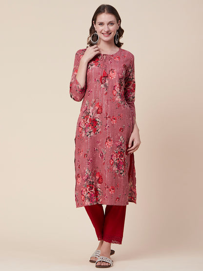 Floral Printed Woven Lurex Striped Pin-Tucks Kurta - Rose