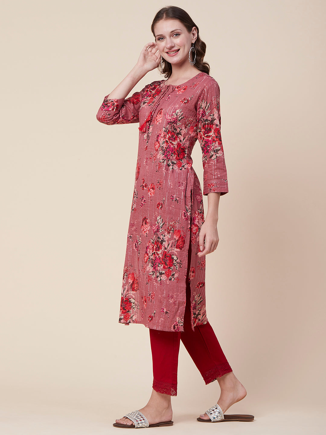 Floral Printed Woven Lurex Striped Pin-Tucks Kurta - Rose