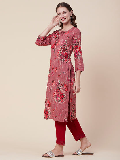 Floral Printed Woven Lurex Striped Pin-Tucks Kurta - Rose