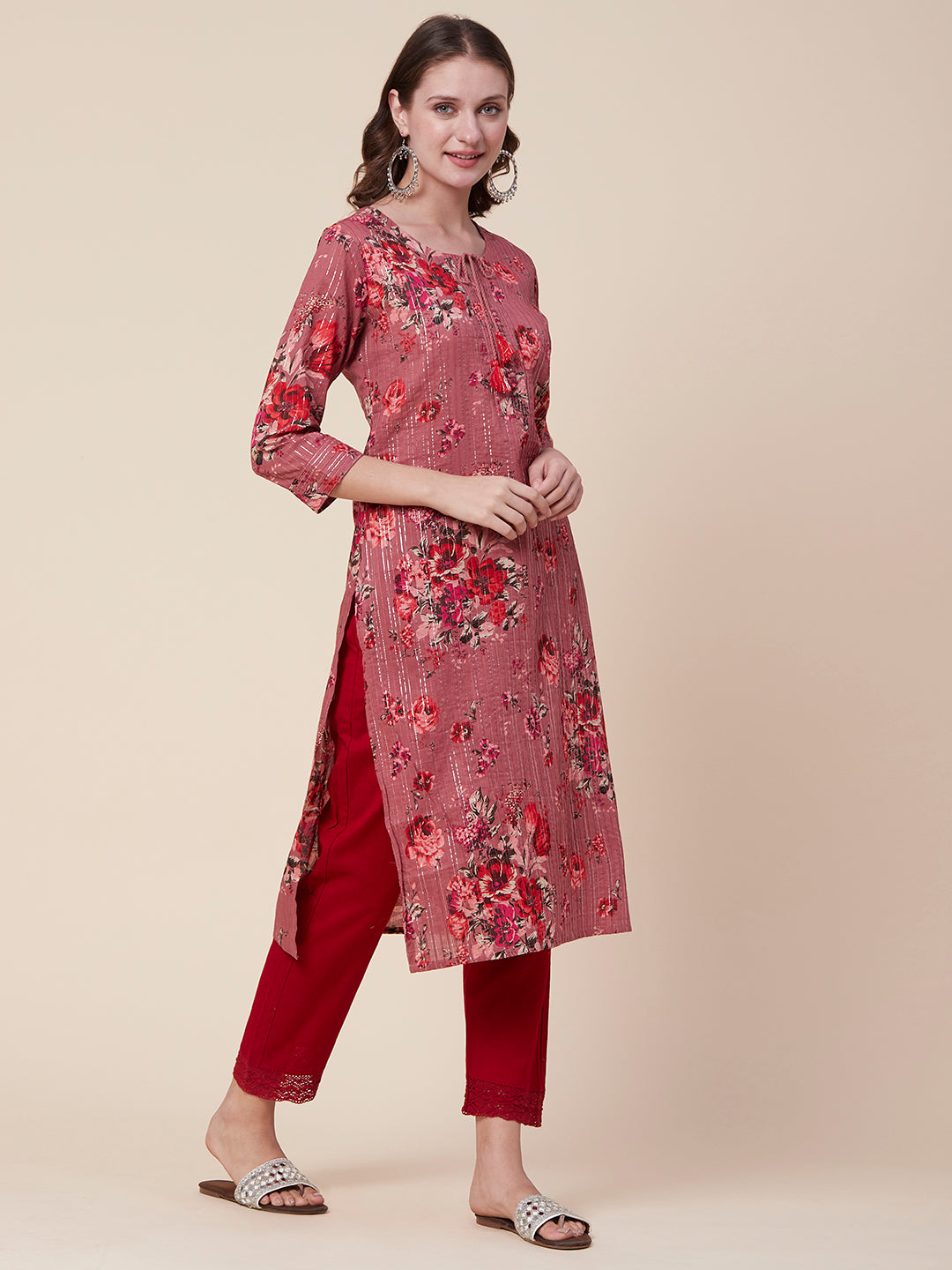 Floral Printed Woven Lurex Striped Pin-Tucks Kurta - Rose