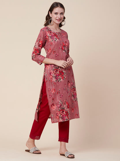 Floral Printed Woven Lurex Striped Pin-Tucks Kurta - Rose