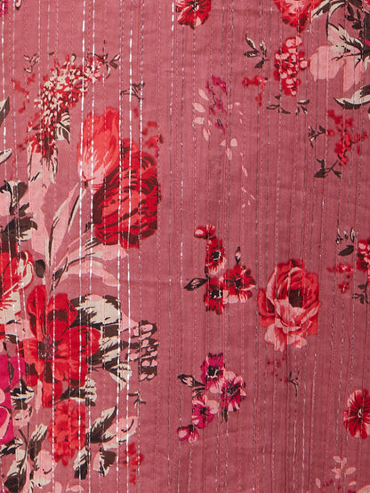 Floral Printed Woven Lurex Striped Pin-Tucks Kurta - Rose