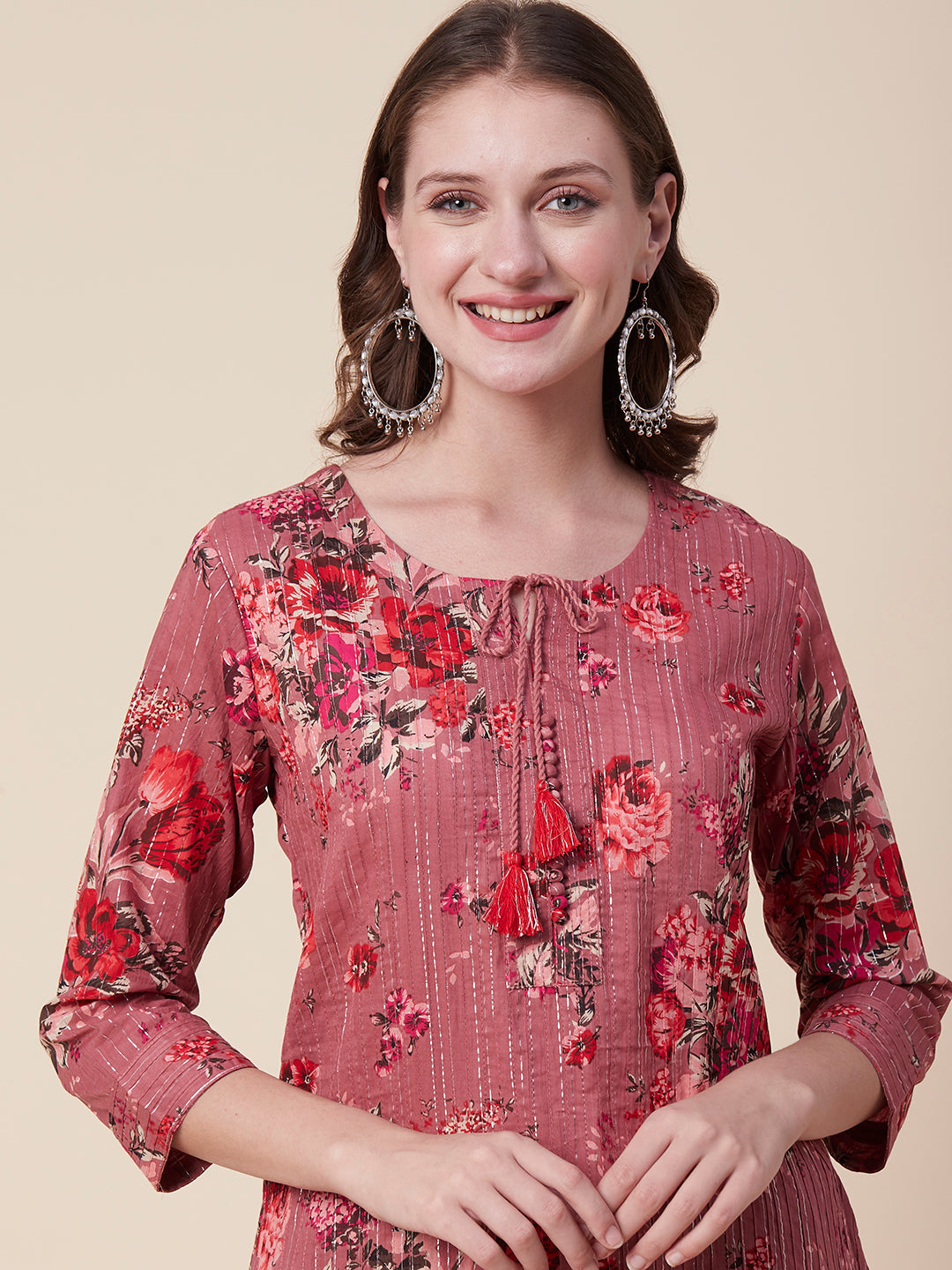 Floral Printed Woven Lurex Striped Pin-Tucks Kurta - Rose