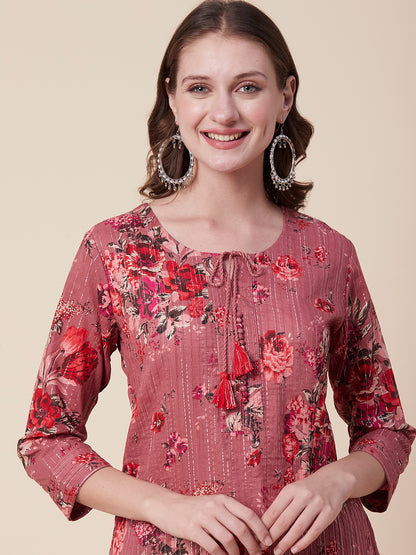 Floral Printed Woven Lurex Striped Pin-Tucks Kurta - Rose
