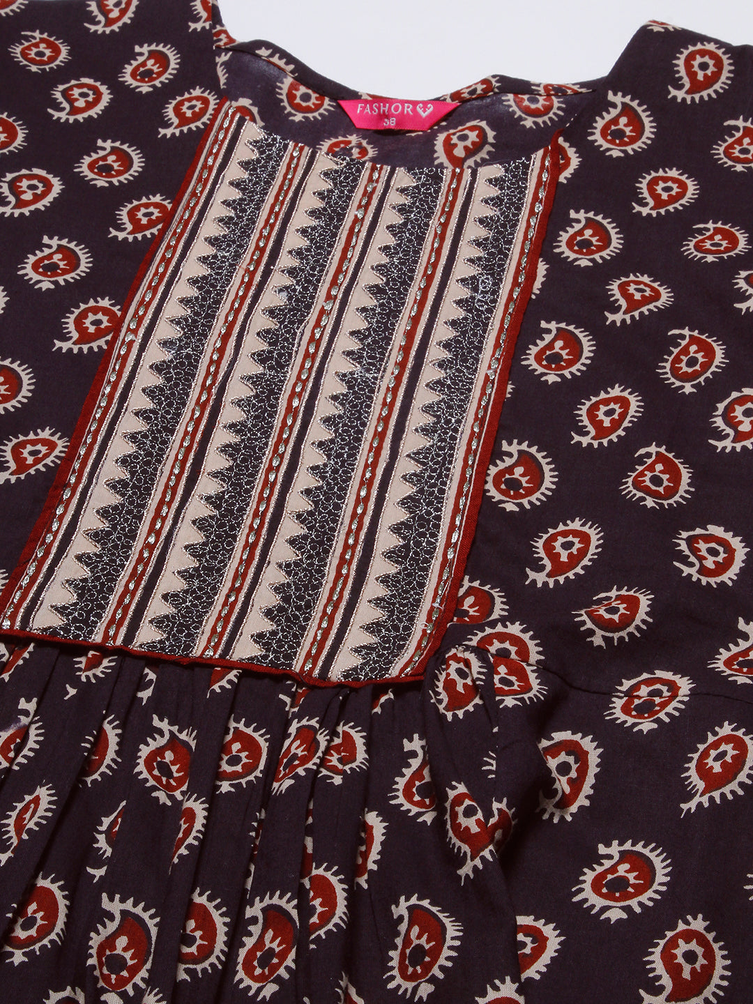Ethnic Printed Zari Dori Embroidered Gathered Kurta With Pants - Coffee Brown