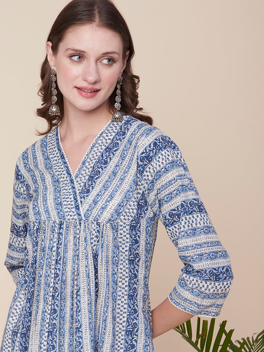 Ethnic Stripes Printed Pleated A-Line Kurta with Pant - Blue