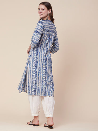 Ethnic Stripes Printed Pleated A-Line Kurta with Pant - Blue