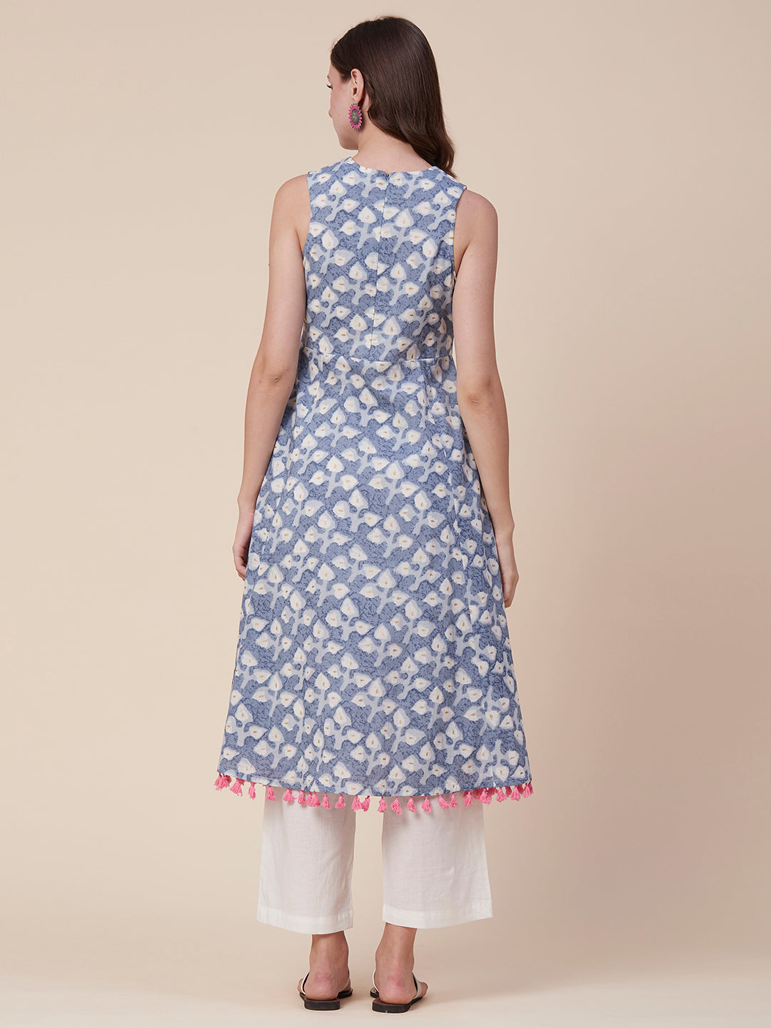 Ethnic Foil Printed A-Line Flared Tasseled Kurta with Palazzo - Blue