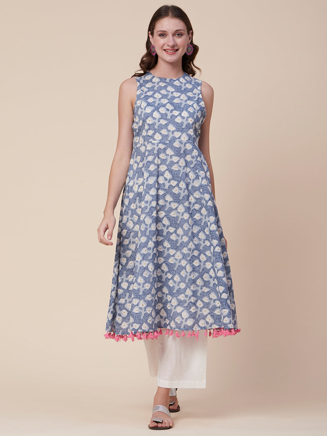 Ethnic Foil Printed A-Line Flared Tasseled Kurta with Palazzo - Blue