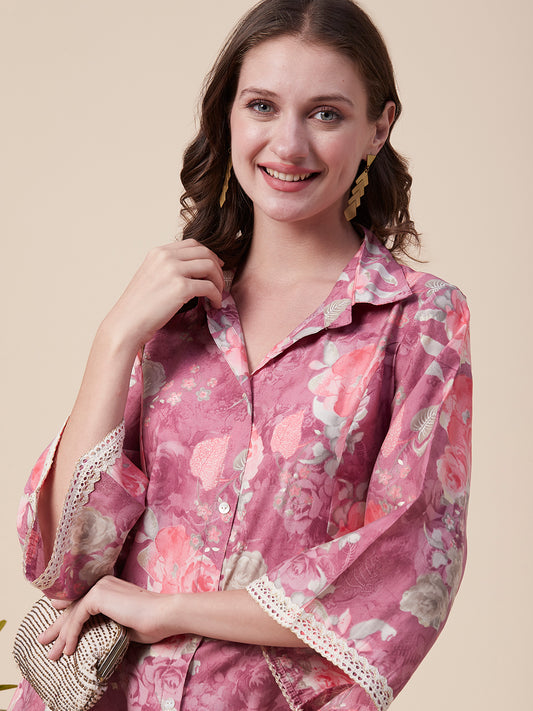 Abstract Floral Foil Printed A-Line Paneled Kurta with Pant - Mauve