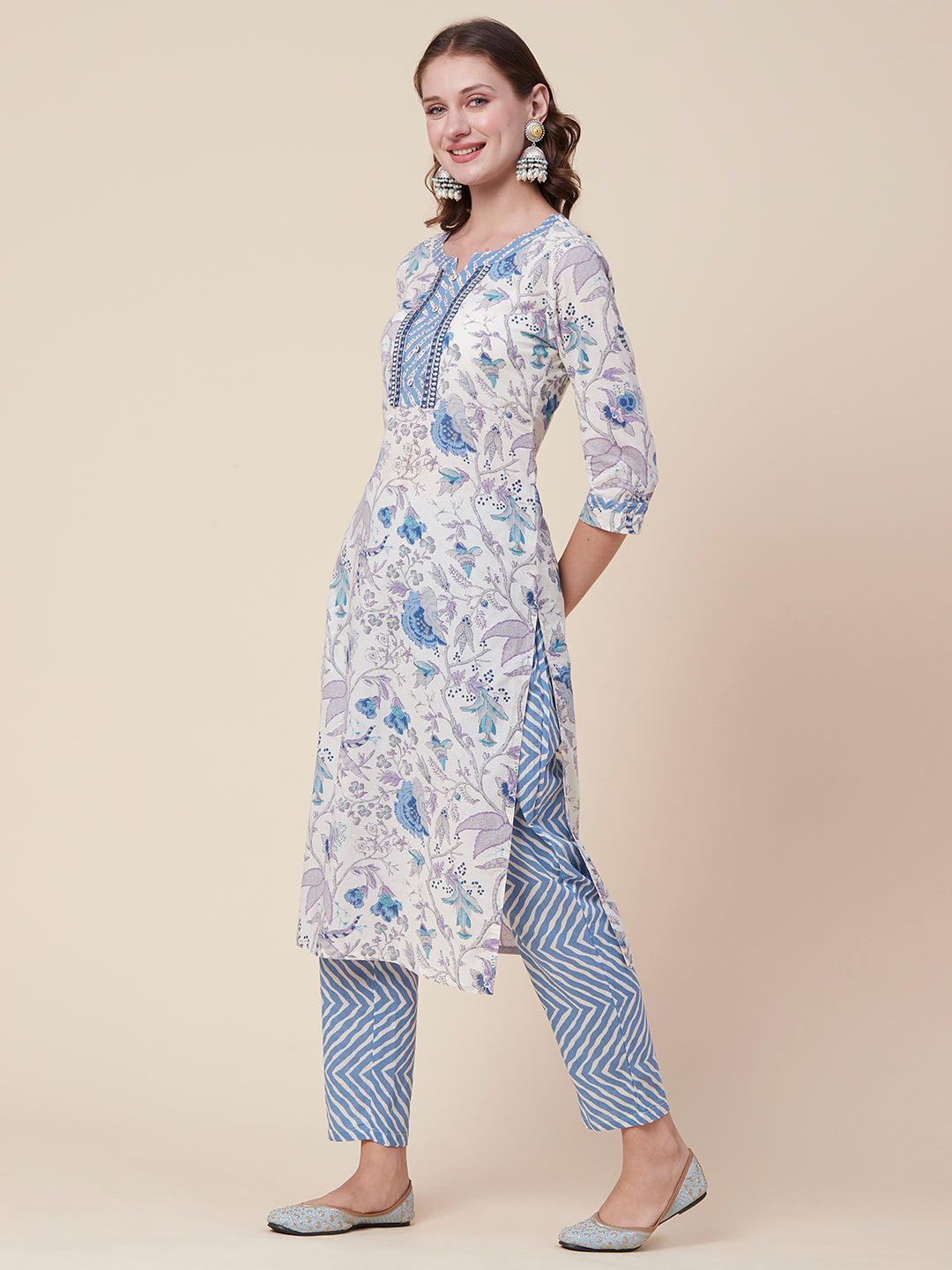 Floral Printed Mirror & Zari Embroidered Kurta With Chevron pants & Dupatta - Light Blue