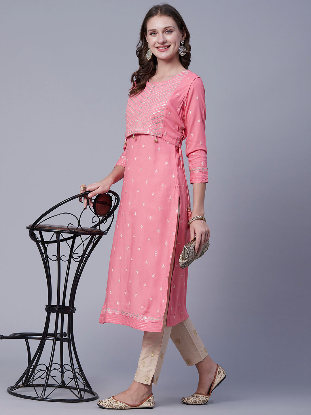 Ethnic Printed Zari & Sequins Embroidered Kurta With Embroidered Short Jacket - Peach Pink