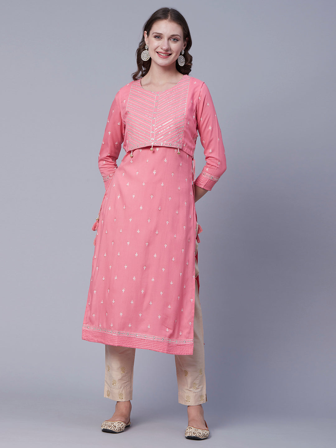 Ethnic Printed Zari & Sequins Embroidered Kurta With Embroidered Short Jacket - Peach Pink