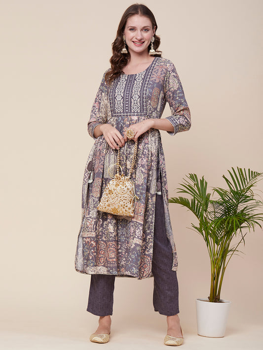 Floral-Abstract Foil Printed Mirror & Zari Embroidered Flared Kurta with Pants - Multi