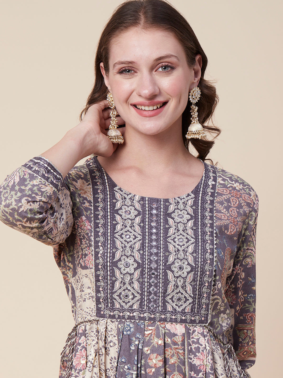 Floral-Abstract Foil Printed Mirror & Zari Embroidered Flared Kurta with Pants - Multi