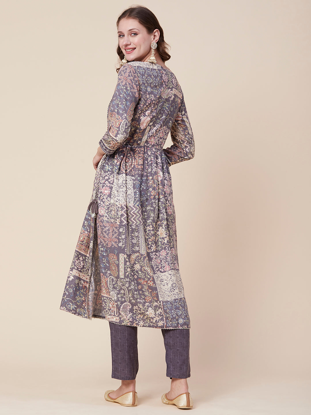 Floral-Abstract Foil Printed Mirror & Zari Embroidered Flared Kurta with Pants - Multi