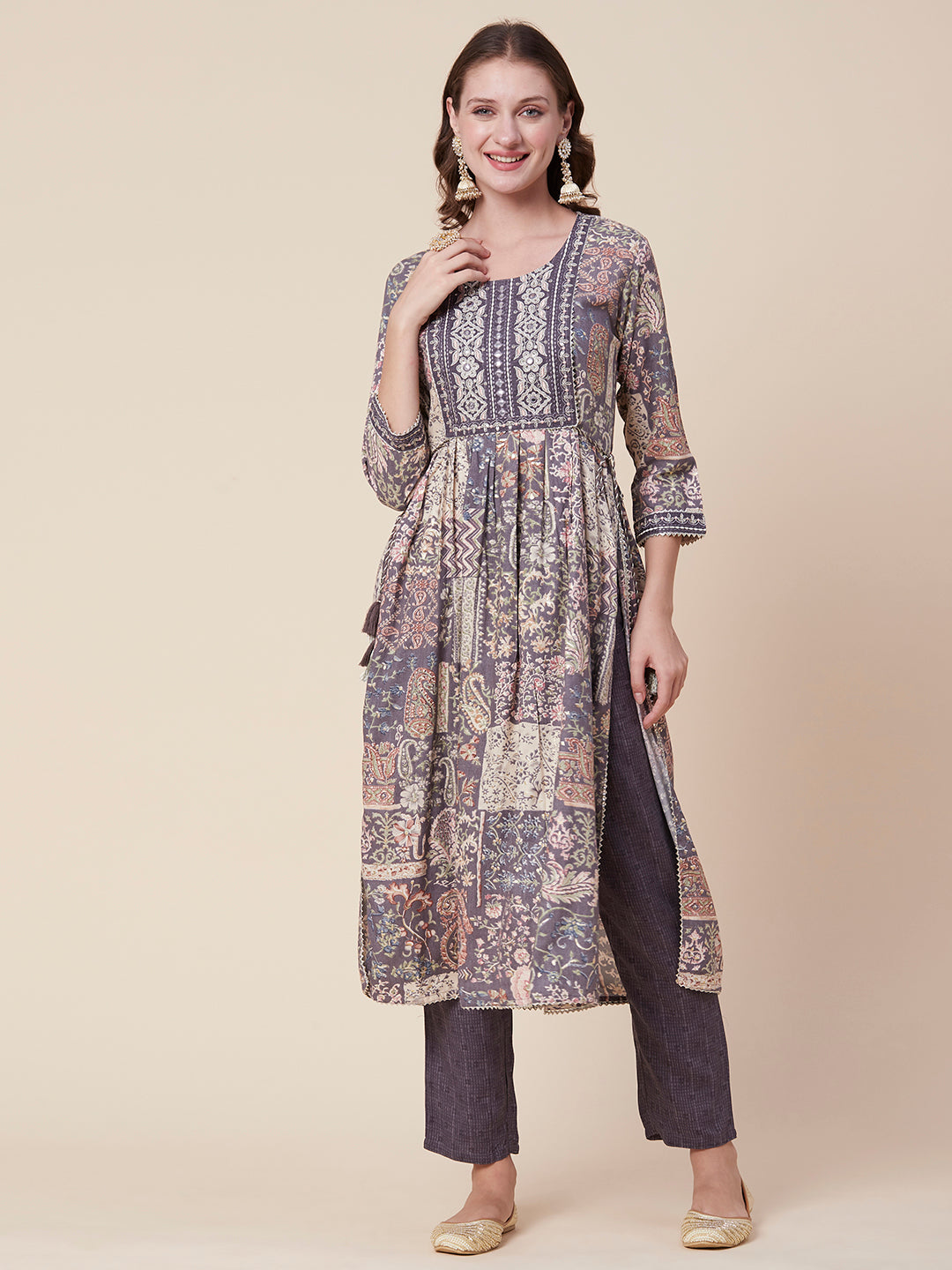 Floral-Abstract Foil Printed Mirror & Zari Embroidered Flared Kurta with Pants - Multi