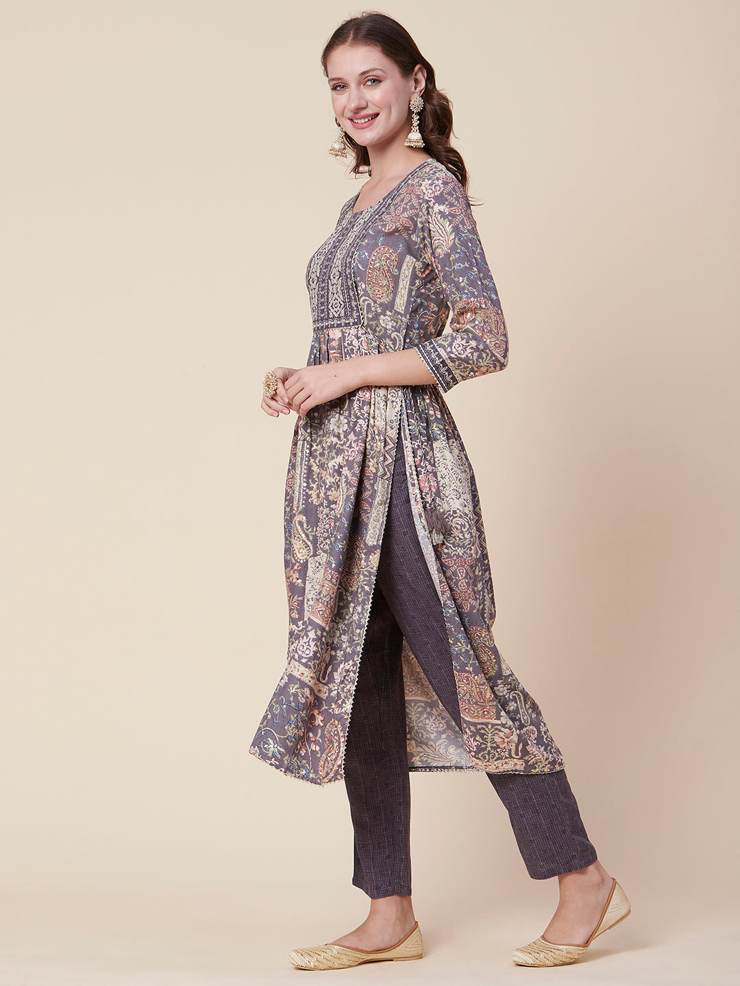 Floral-Abstract Foil Printed Mirror & Zari Embroidered Flared Kurta with Pants - Multi