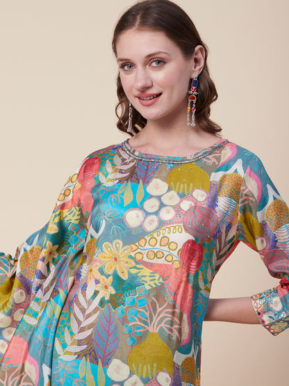 Abstract & Floral Printed Mirror & Sequins Embroidered Asymmetric Kaftan Kurta With Dhoti Pants - Multi