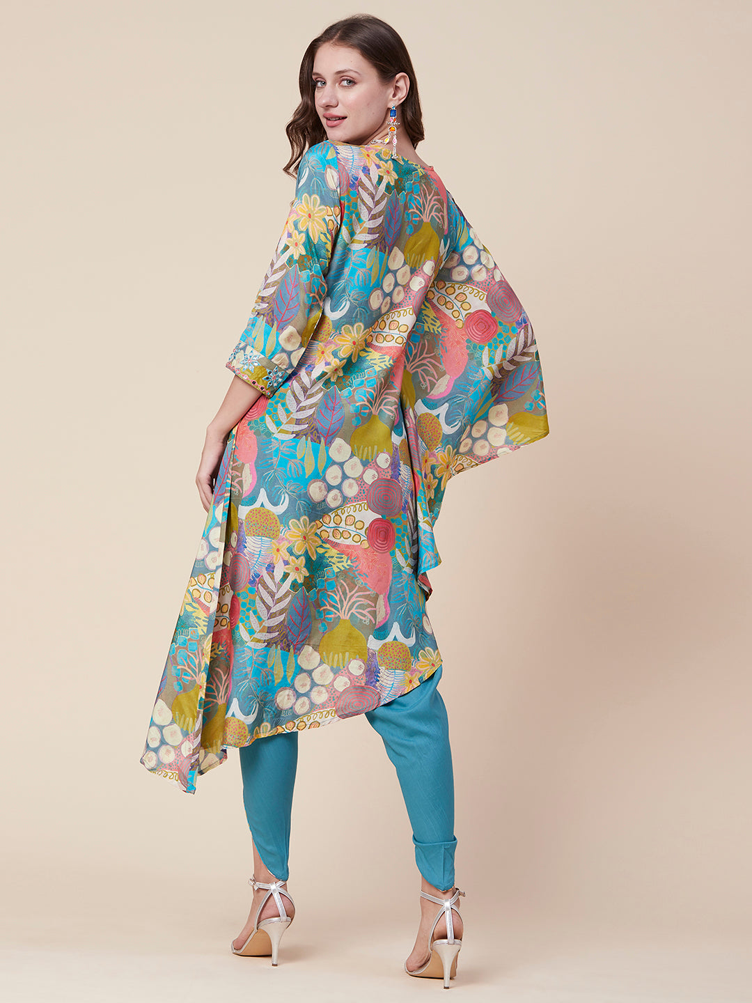 Abstract & Floral Printed Mirror & Sequins Embroidered Asymmetric Kaftan Kurta With Dhoti Pants - Multi