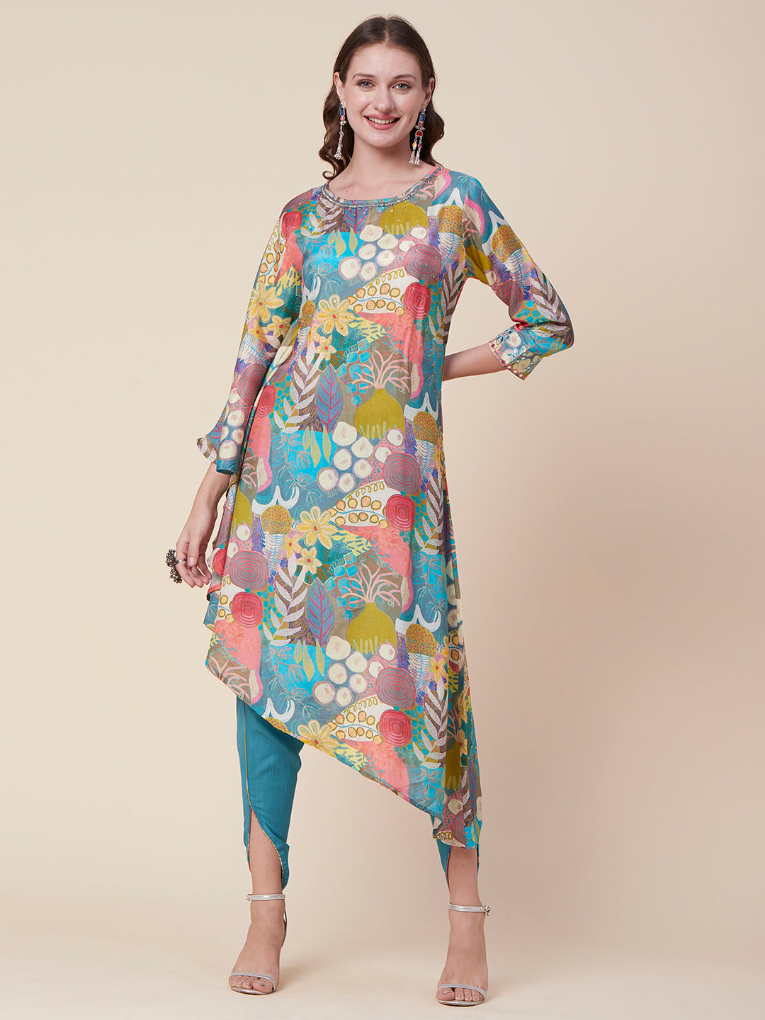 Floral Printed & Hand Embroidered Asymmetric Kurta with Flared Palazzo –  FASHOR