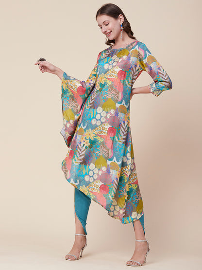 Abstract & Floral Printed Mirror & Sequins Embroidered Asymmetric Kaftan Kurta With Dhoti Pants - Multi