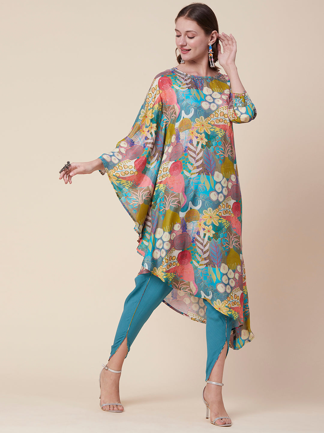 Abstract & Floral Printed Mirror & Sequins Embroidered Asymmetric Kaftan Kurta With Dhoti Pants - Multi