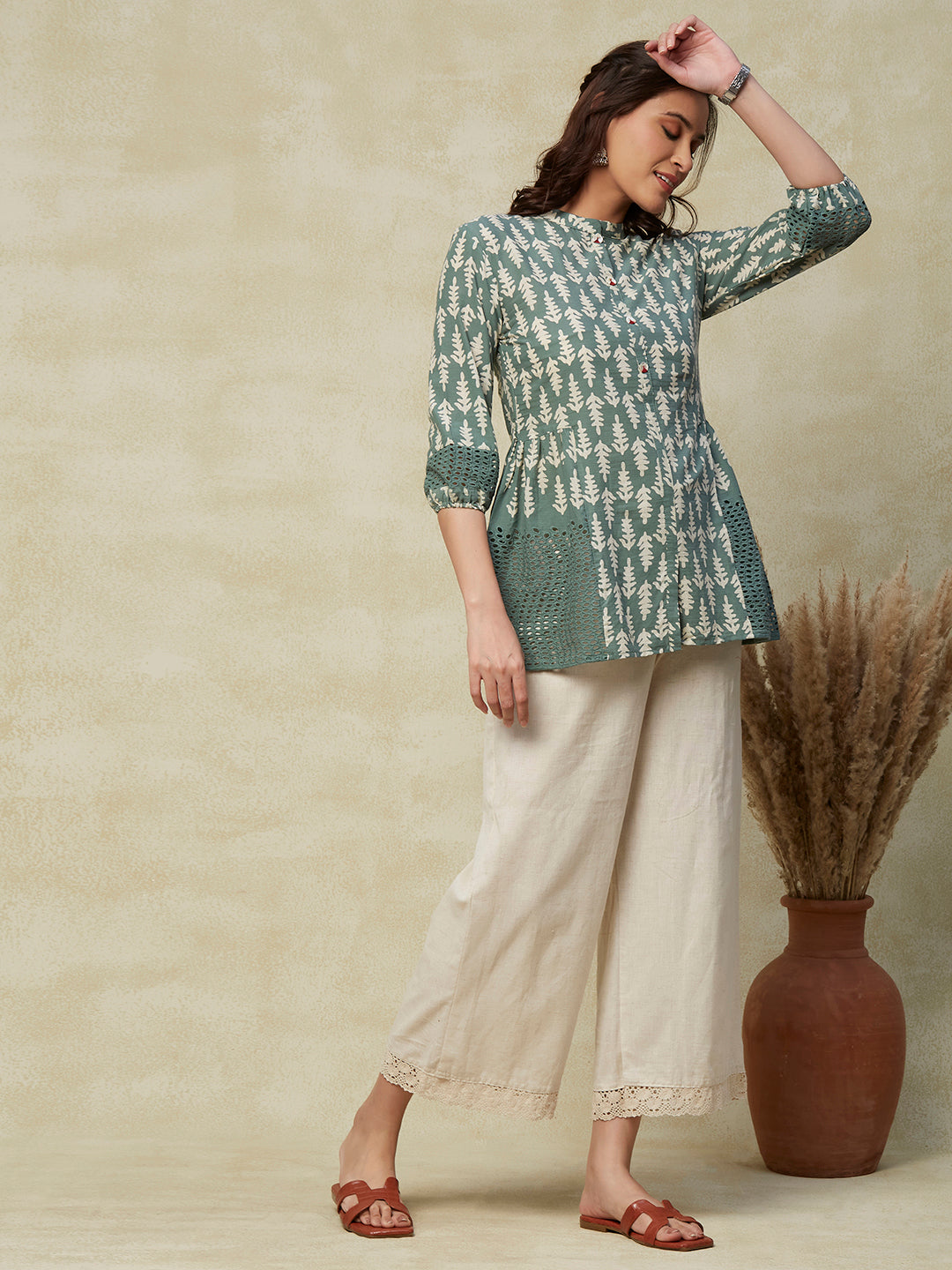 Abstract Batik Printed Beads & Mother-of-Pearl Buttoned Schiffili Work Short Kurti - Green