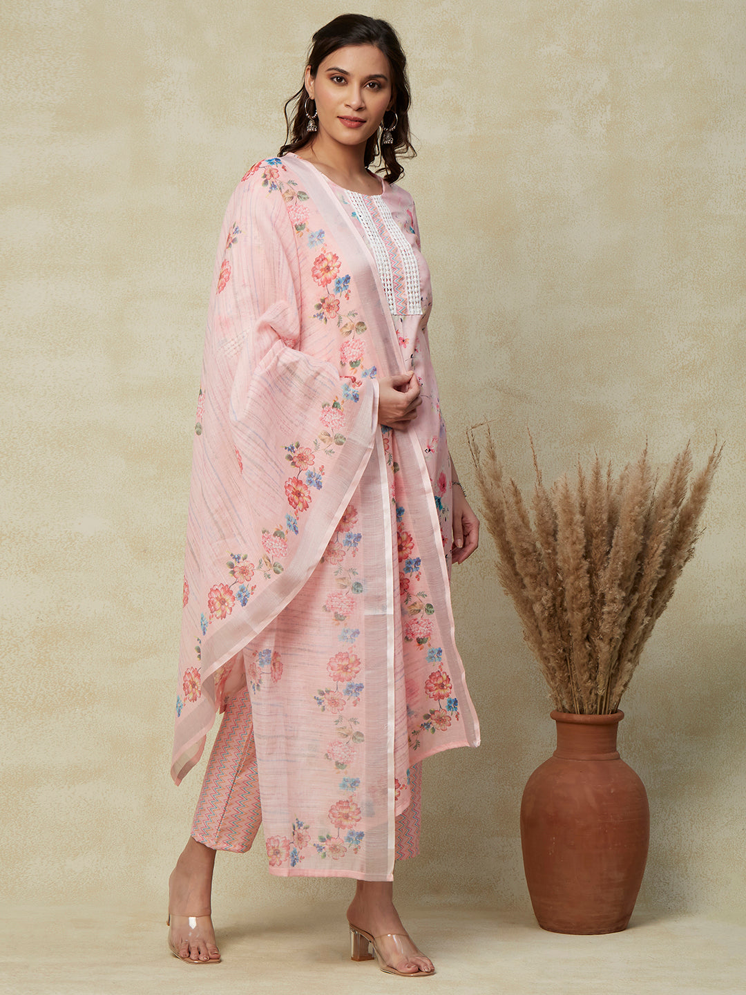 Floral Printed Crochet Lace Ornamented Linen-Blend Kurta with Pants & Linen Dupatta - Pink