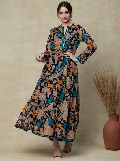 Floral Printed Resham & Cutdana Embroidered Paneled Mul-Cotton Dress w – FASHOR