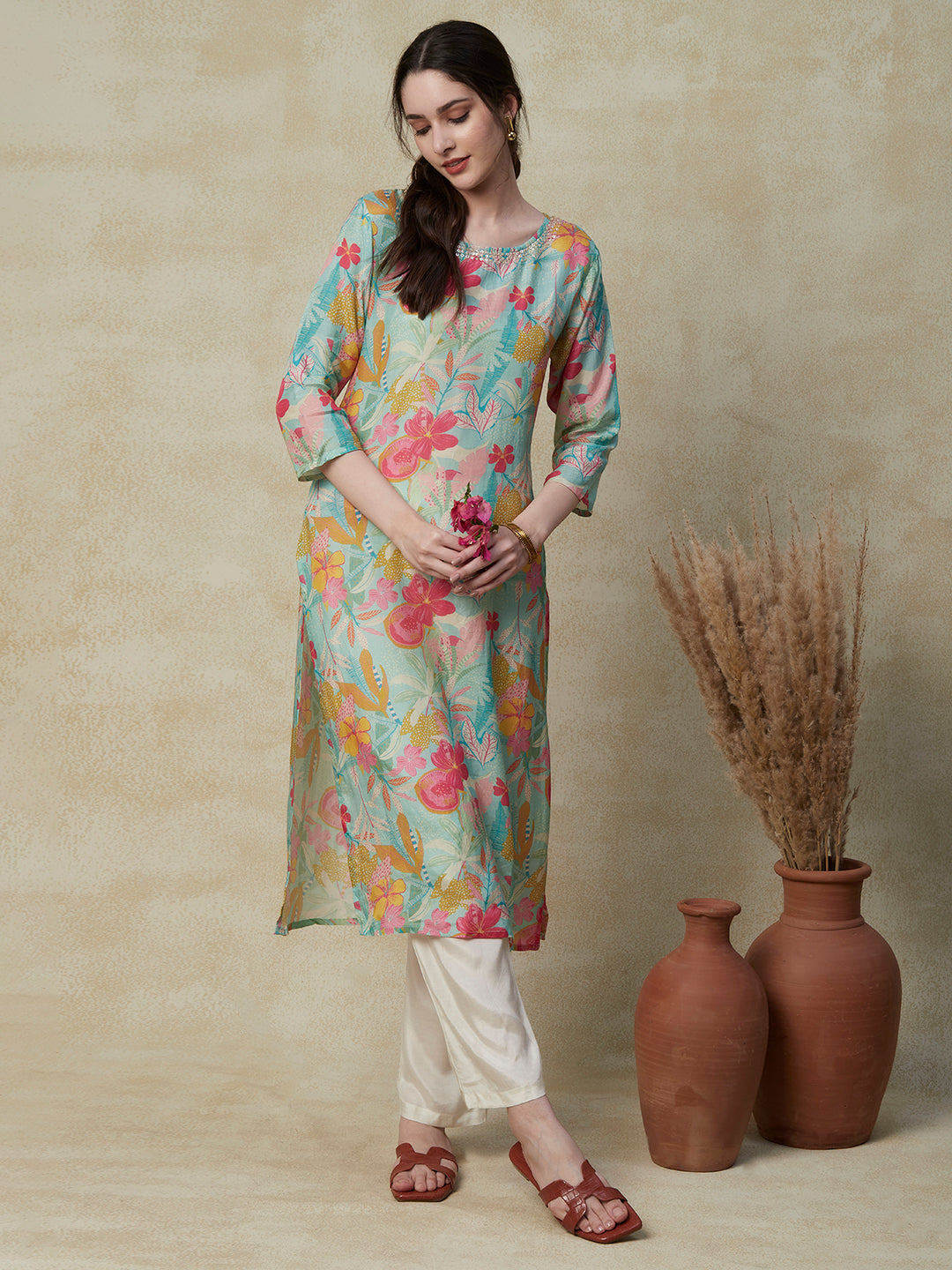 Floral Printed Sequins & Beads Embroidered Kurta with Pants - Multi