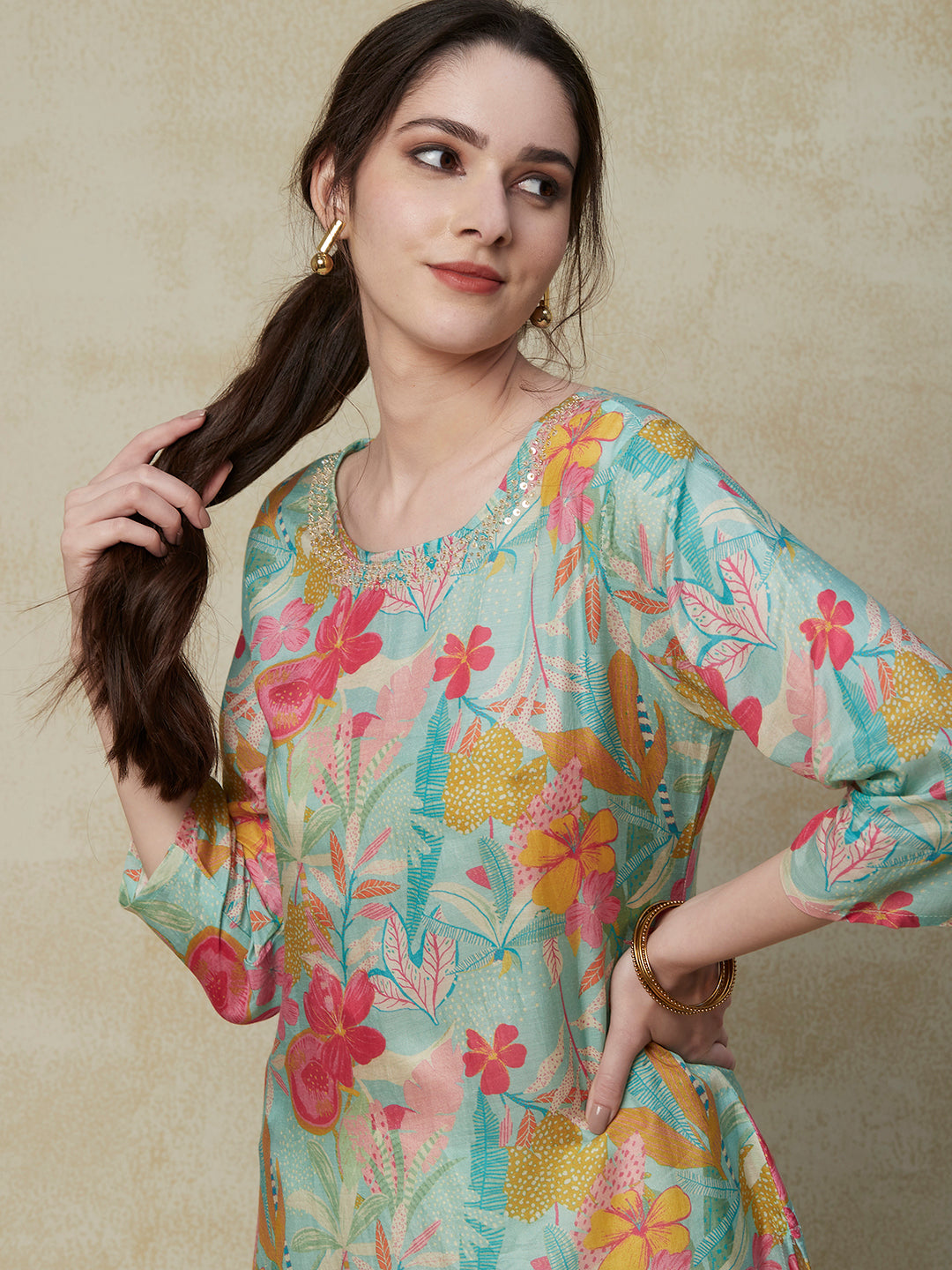 Floral Printed Sequins & Beads Embroidered Kurta with Pants - Multi