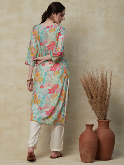 Floral Printed Sequins & Beads Embroidered Kurta with Pants - Multi